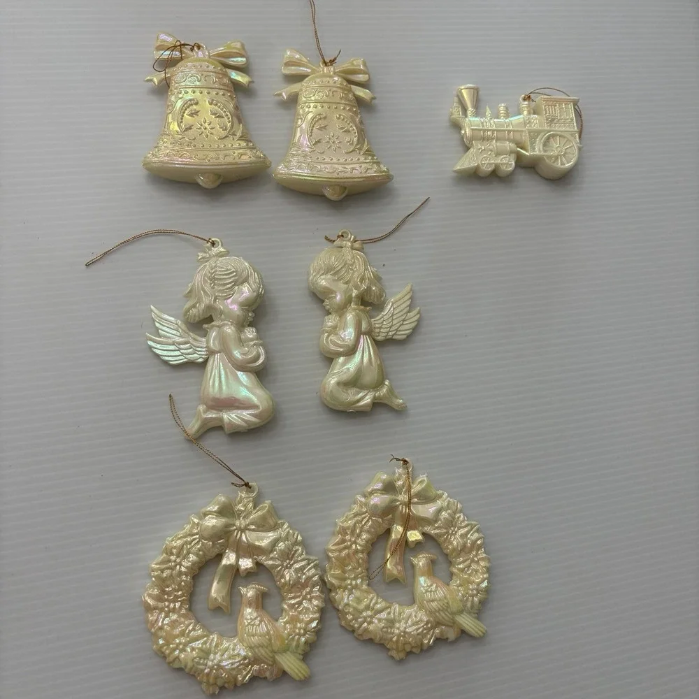 Vintage Iridescent Christmas Ornament Lot Of 7 Angels Wreaths Bells Train